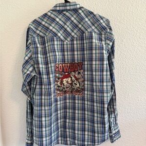 Women's Plaid Button Down Shirt with Cowboy Graphic